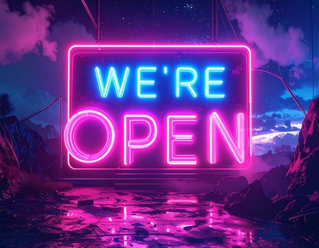 Illuminated neon sign on display against a backdrop of mountains and a starry night sky - Powered by Adobe