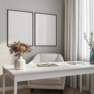 Two blank frames on a gray wall above a white desk in a bright room