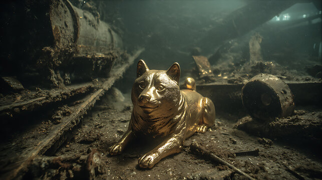 Golden dog statue submerged among debris underwater shipwreck