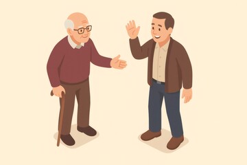 Older man and younger man engaging in a friendly wave and handshake gesture, symbolizing community connection and social interaction