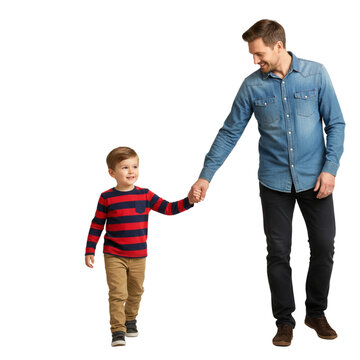 Dad and son holding hands isolated on transparent or white background, png