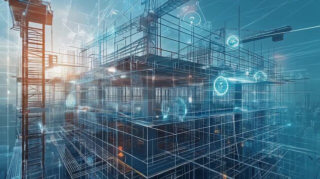 建設中のビルに重なるデジタルHUDインターフェース