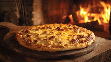 Delicious cheesy pizza on a wooden peel in front of a warm fireplace oven.