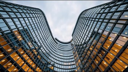 Architectural Marvel: A mesmerizing view of a modern skyscraper, with its sleek glass facade reflecting the sky above, creating a symphony of light and shadow - Powered by Adobe