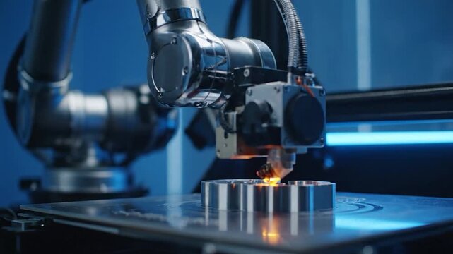 Close-up of a 3D printing machine creating a metal object with bright, orange, and blue hues