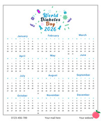 World Diabetes Day 2026 Annual Calendar with Health Icons