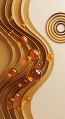Abstract wavy gold background with transparent spheres and concentric rings