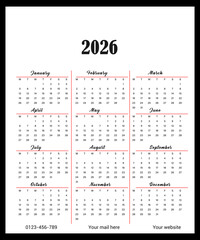 Minimalist 2026 Yearly Calendar with Contact Information