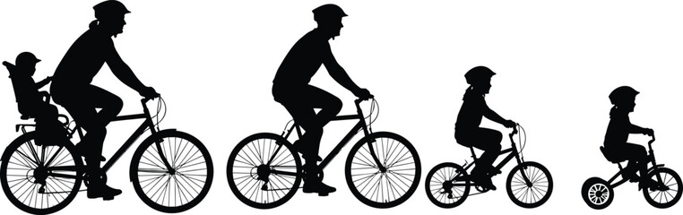 Family riding bicycles silhouette, parents and children cycling together, outdoor activity illustration, healthy lifestyle concept, bike riding vector art