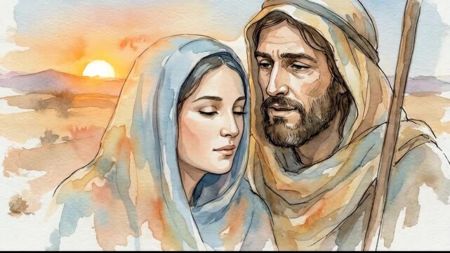 Watercolor animation of Mary and Joseph standing together in a desert landscape at sunset. Biblical Nativity journey concept featuring a couple in traditional robes