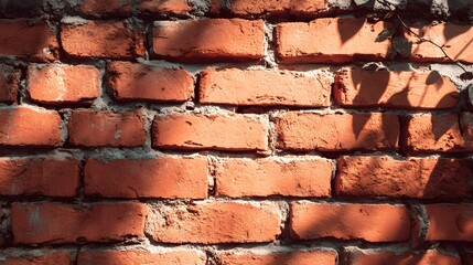 Detailed close up view of an old red brick wall background with dappled sunlight shadows.