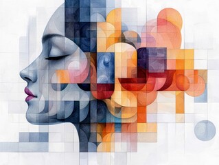 A stylized profile of a woman's face, rendered in shades of blue and grey, with closed eyes and pink lips. Her face is fragmented into geometric shapes and over