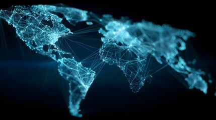 Digital world map with glowing blue network connections on a dark background representing global communication.