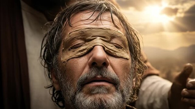 Biblical Miracle of Jesus Healing the Blind Man with Mud and Clay on Eyes, Cinematic Video of Faith and Restoration of Sight