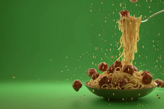 Meatballs and grated cheese fall into pasta in a bowl
