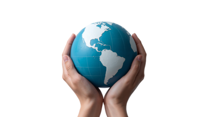 Human hands gently cradle a blue and white globe, symbolizing global unity and care isoleted on transparent background