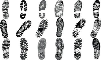 Fototapeta premium Shoe sole print collection, diverse footwear tread patterns, detailed footprint designs, grunge shoe marks, textured sole vector illustration set