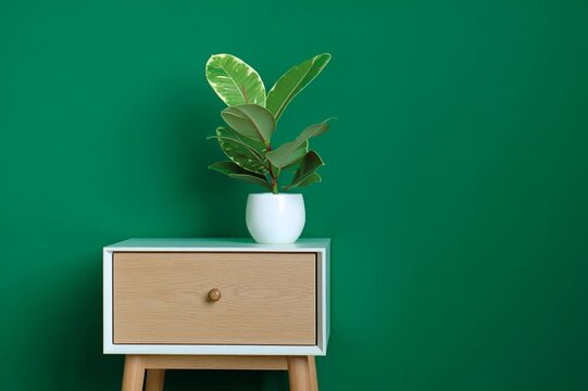 The flowerpot is on the bedside table.