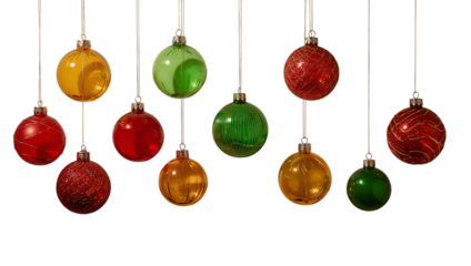 Assorted festive holiday christmas tree ornaments baubles hanging decor isoleted on transparent background
