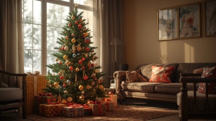 Cozy living room with decorated Christmas tree and gifts underneath  
