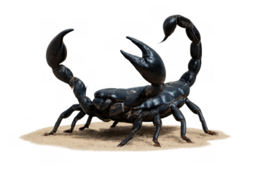 Black scorpion with raised claws and tail, a dangerous desert arachnid on sand. Transparent background