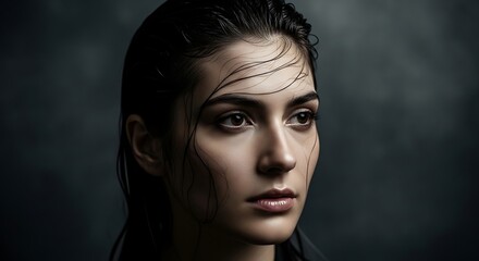 Fototapeta premium Serene Portrait of a Young Woman with Dark Hair and Intense Gaze