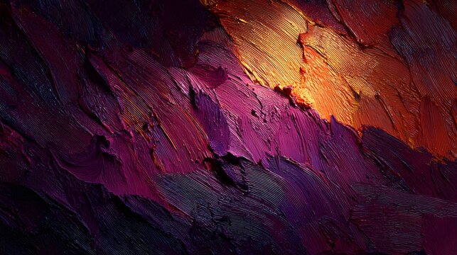 Dramatic abstract oil painting with textured impasto brushstrokes in deep purple and gold.