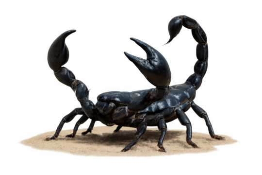 Black scorpion with raised claws and tail, a dangerous desert arachnid on sand. Transparent background
