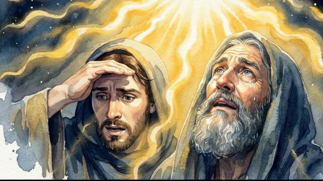 Watercolor animation of two biblical shepherds gazing up in awe at a bright divine light. Religious Christmas nativity scene with men looking at the Star of Bethlehem. Faith and miracle concept