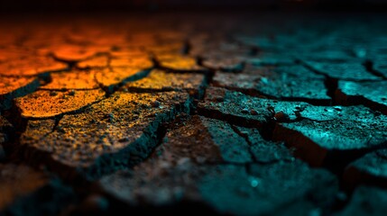 Dramatic close up of a cracked textured surface with contrasting orange and blue lighting.