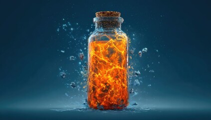 A glass bottle filled with fiery liquid, surrounded by shattered ice