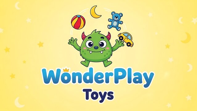 WonderPlay Toys Logo Featuring a Cute Green Monster and Playful Icons.