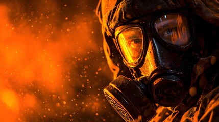 Dramatic close up portrait of a person wearing a gas mask in a fiery environment.