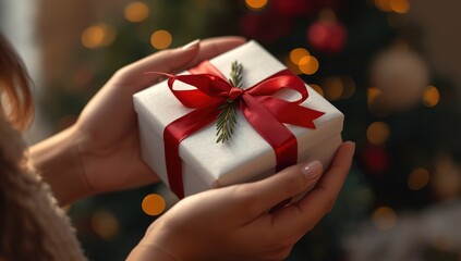 Woman holding wrapped gift with red ribbon by Christmas tree  