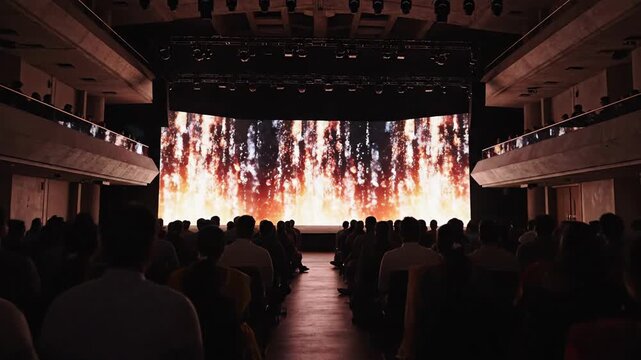 Audience watches a captivating visual display on a large screen in a dark auditorium, creating an immersive experience.