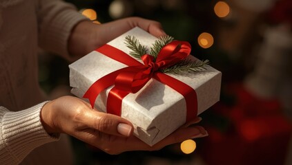 Person holding a wrapped Christmas gift with red ribbon and pine  