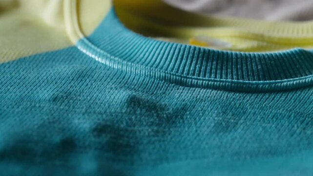 Water cascading onto a vibrant blue cotton sweater shows off its water-resistant properties, perfect for activewear ads and showcasing innovative fabric technology