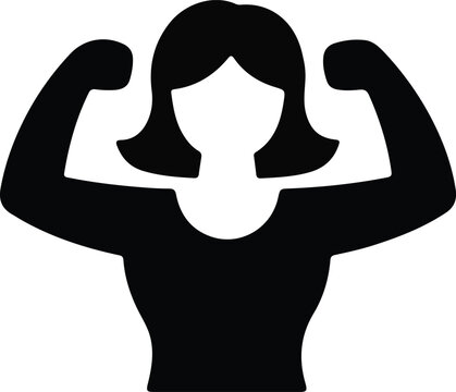 Strong woman flexing arms icon, Bold black silhouette icon of a woman flexing her muscles, symbolizing empowerment, strength, confidence, and fitness for motivational or design use.

