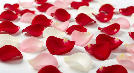 Delicate red, pink, and white rose petals softly scattered across a pristine white background, creating a serene and romantic visual texture suitable for love and celebration themes
