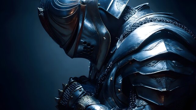 Dramatic side profile of a medieval knight in dark ornate steel armor.