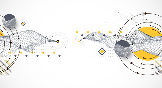 Abstract composition with wireframe wave, dots, and lines. Vector.