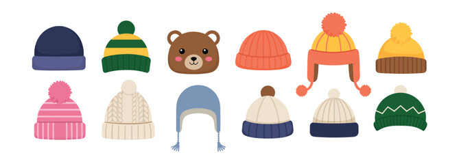 Winter Hats Vector Set Featuring Trendy Knitted Beanies and Wool Caps for Fashion, Apparel Design, and Cold Weather Accessories