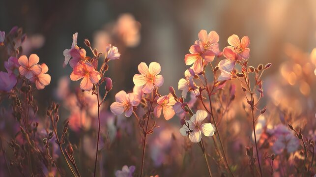 Dreamy meadow of delicate wildflowers glowing in the warm golden sunset light. - Powered by Adobe