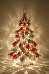 Decorative Christmas tree with colorful lights on neutral background  