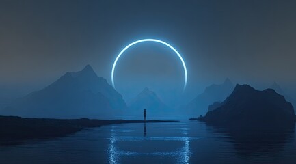 Silhouette figure, glowing ring, misty mountains