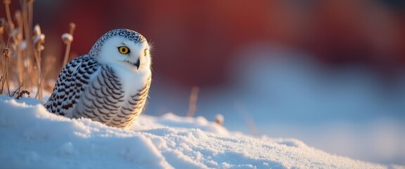 A snowy owl sits in the snow during a winter sunrise. Close-up of a wild arctic bird of prey with yellow eyes. Panoramic wildlife background with copy space