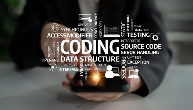 Close-up of hands holding a smartphone surrounded by coding terms and concepts, ideal for themes related to technology, programming, and digital innovation. Tessel