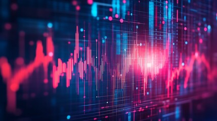 Abstract digital data flow with neon lights and stock market chart