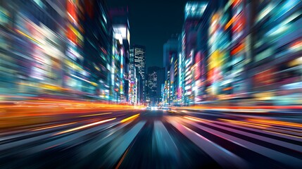Dynamic motion blur of a futuristic city street at night with vibrant neon lights.