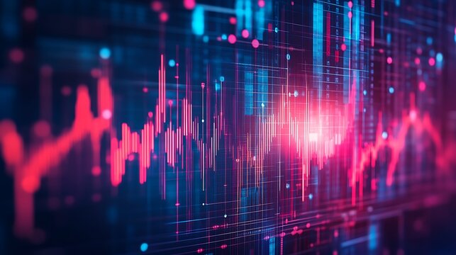 Abstract digital data flow with neon lights and stock market chart